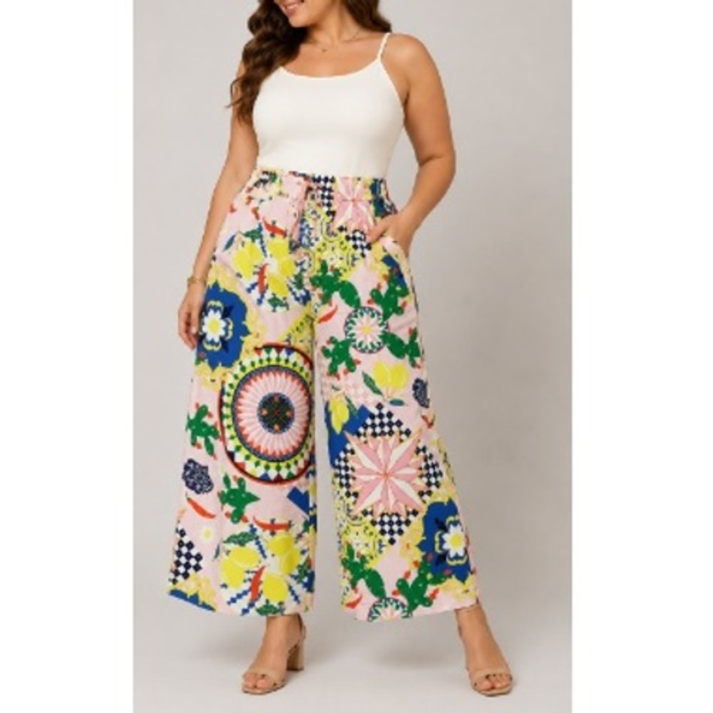 Anthropologie Women's Pink Citrus Tile Print Wide Leg Pants‎ Size XL NWT